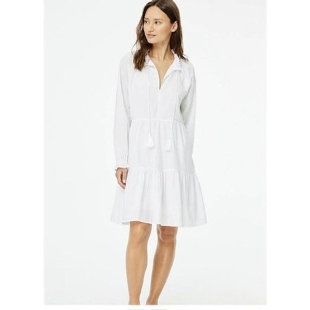 Roller Rabbit Womens White Cotton Tiered Smock Dress Long Balloon Sleeve Tassel